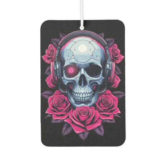 Neon Cyber Death Skull en Rozen Zwart Luchtverfrisser (Voorkant)