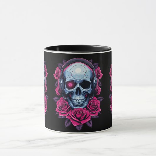 Neon Cyber Death Skull en Rozen Zwart Mok (Midden)