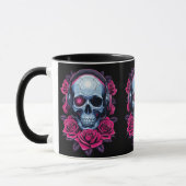 Neon Cyber Death Skull en Rozen Zwart Mok (Links)