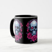 Neon Cyber Death Skull en Rozen Zwart Mok (Voorkant links)