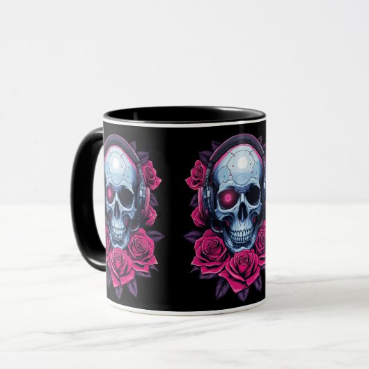 Neon Cyber Death Skull en Rozen Zwart Mok (Voorkant links)