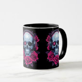 Neon Cyber Death Skull en Rozen Zwart Mok (Voorkant rechts)