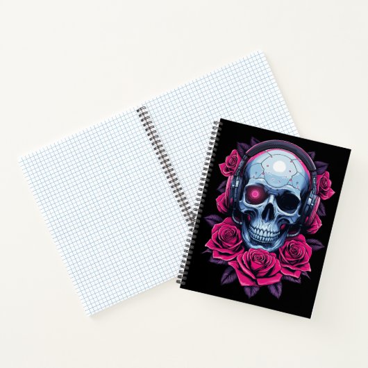 Neon Cyber Death Skull en Rozen Zwart Notitieboek (Binnen)