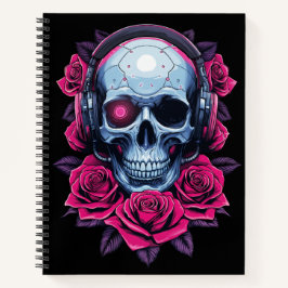 Neon Cyber Death Skull en Rozen Zwart Notitieboek