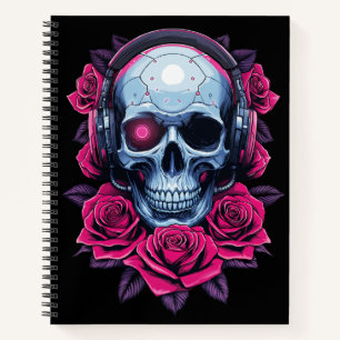 Neon Cyber Death Skull en Rozen Zwart Notitieboek