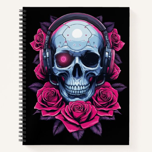 Neon Cyber Death Skull en Rozen Zwart Notitieboek (Voorkant)