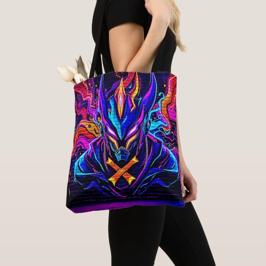 Neon Cyber Guardian Art Tote Bag (Dichtbij)