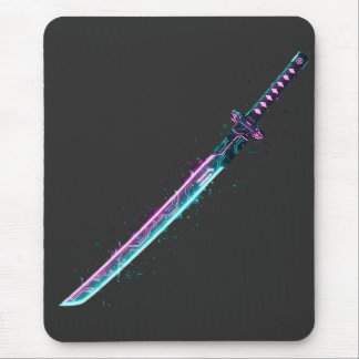 Neon Cyber-Katana: Digital Blade Tech muismat