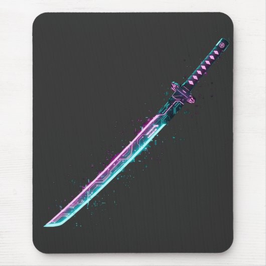 Neon Cyber-Katana: Digital Blade Tech muismat (Voorkant)
