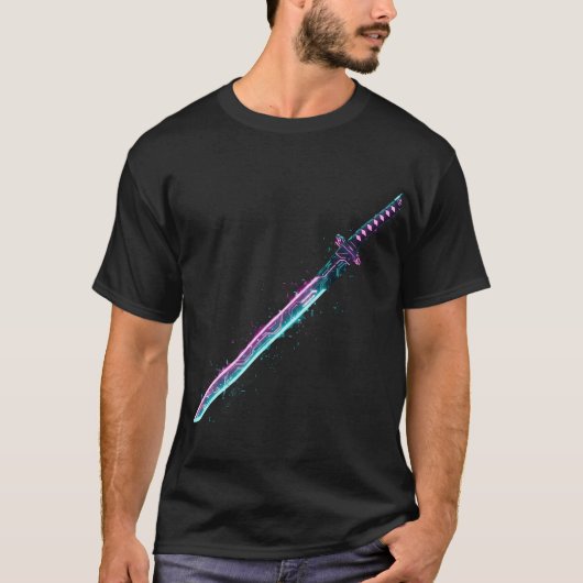 ​Neon Cyber-Katana: Digital Blade Tech T-Shirt (Voorkant)