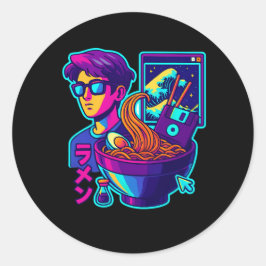 Neon Cyber Ramen – Vaporwave Retro Esthetische Kun Ronde Sticker