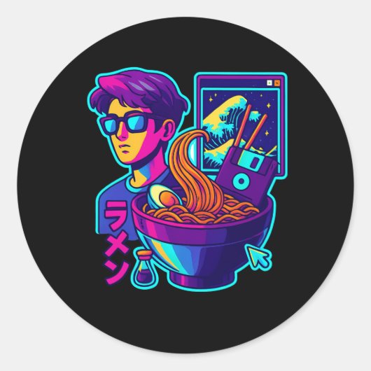 Neon Cyber Ramen – Vaporwave Retro Esthetische Kun Ronde Sticker (Voorkant)