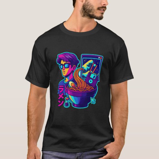 Neon Cyber Ramen – Vaporwave Retro Esthetische Kun T-shirt (Voorkant)