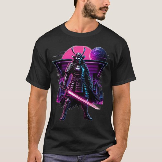 Neon Cyber Samurai Vaporwave Krijger Kunst T-shirt (Voorkant)
