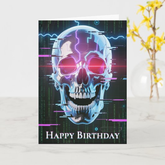 Neon Cyber Skull: Digitale Overlord Kaart (Gele Bloem)