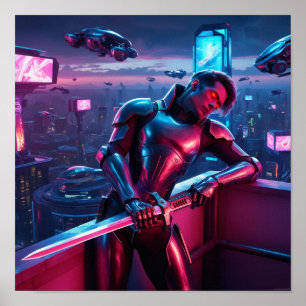 Neon Cyber Warrior Poster - futuristische sci-fi