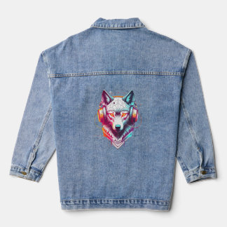 Neon Cyber Wolf Koptelefoon Y2K Denim Jacket