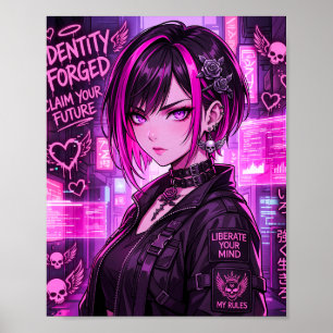 Neon Cyberpunk Anime Meisje "Identiteit Gesmeed" P Poster
