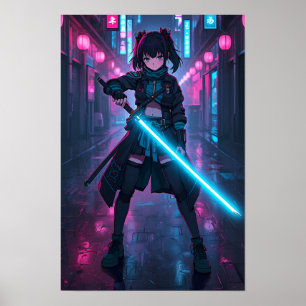 Neon Cyberpunk Anime Meisje met Glanzend Zwaard Po Poster