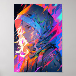 Neon Cyberpunk Anime Meisje Poster