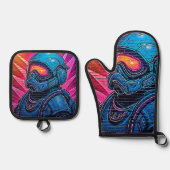 Neon Cyberpunk Astronaut Ovenwant & Pannenlap Set (Voorkant)