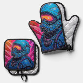Neon Cyberpunk Astronaut Ovenwant & Pannenlap Set (Voorkant / Achterkant)
