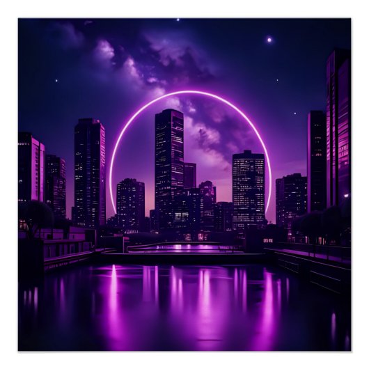 Neon Cyberpunk Cityscape – futuristisch Paarse Perfect Poster (Voorkant)