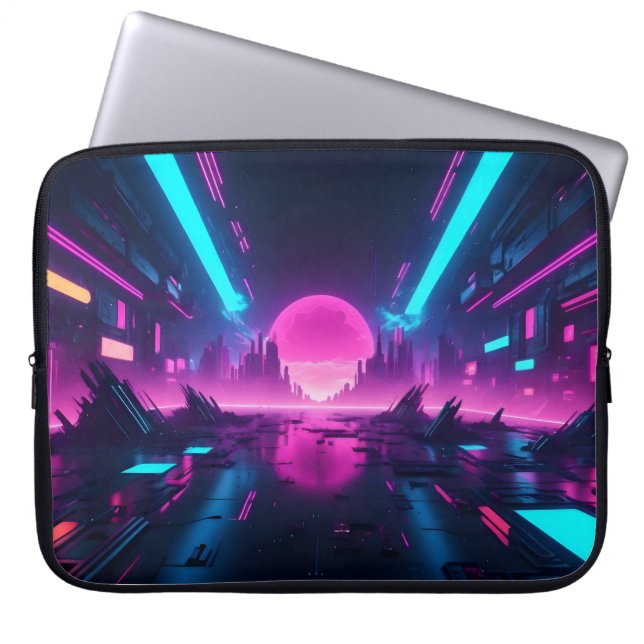 Neon Cyberpunk Cityscape Synthwave Retro Tech Laptop Sleeve (Voorkant)