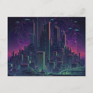 Neon Cyberpunk Futuristische Stad Inpakpapier Briefkaart