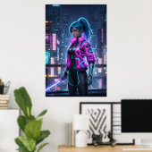 Neon Cyberpunk Girl | Futuristic City Warrior Poster (Thuiskantoor)