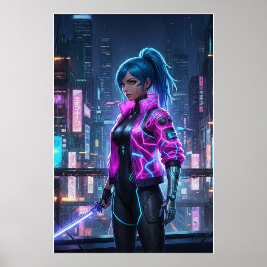 Neon Cyberpunk Girl | Futuristic City Warrior Poster (Voorkant)