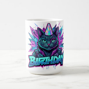 Neon Cyberpunk Kat Verjaardagsfeest Grafisch Koffiemok