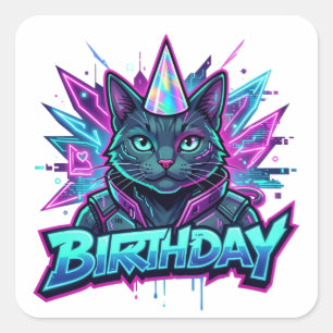 Neon Cyberpunk Kat Verjaardagsfeest Grafisch Ontwe Vierkante Sticker