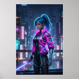 Neon Cyberpunk Meisje | Futuristische Stad Warrior Poster