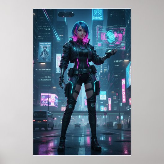 Neon Cyberpunk Operative – Futuristic City Poster  (Voorkant)