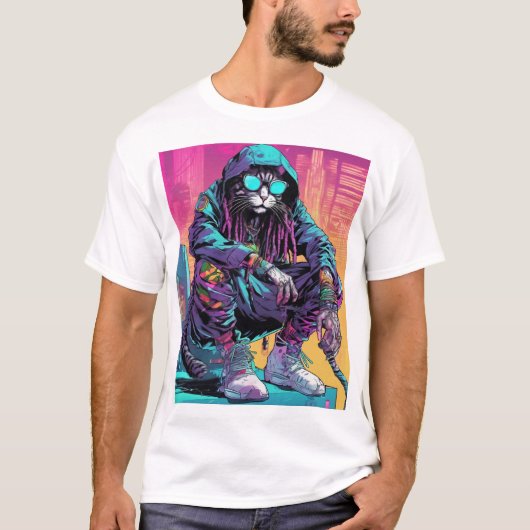 Neon Cyberpunk Rastafari Cat T-shirt (Voorkant)
