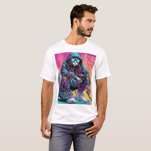 Neon Cyberpunk Rastafari Cat T-shirt (Voorkant volledig)