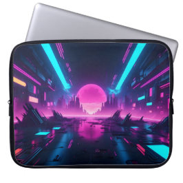 Neon Cyberpunk Stadslandschap Synthwave Retro Tech Laptop Sleeve