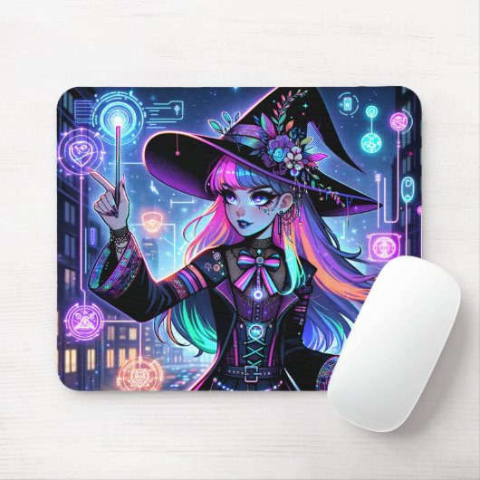 Neon Cyberpunk Tech Witch - Futuristisch Kunstontw Muismat (Met muis)