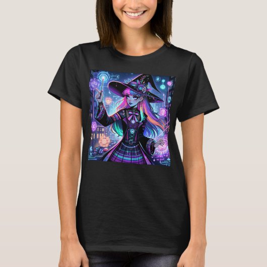 Neon Cyberpunk Tech Witch - Futuristisch Kunstontw T-shirt (Voorkant)