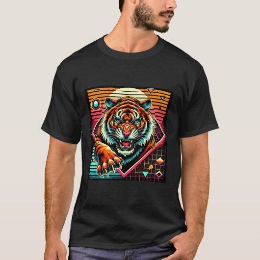 Neon Cyberpunk Tiger Retro Synthwave Ontwerp T-shirt (Voorkant)