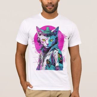 Neon Cyberpunk Warrior Cat T-shirt