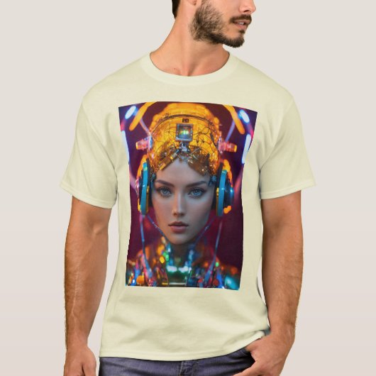 Neon Cyborg – futuristische Sci-Fi T-shirt Design (Voorkant)