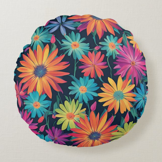 Neon Daisies Rond Kussen (Voorkant)
