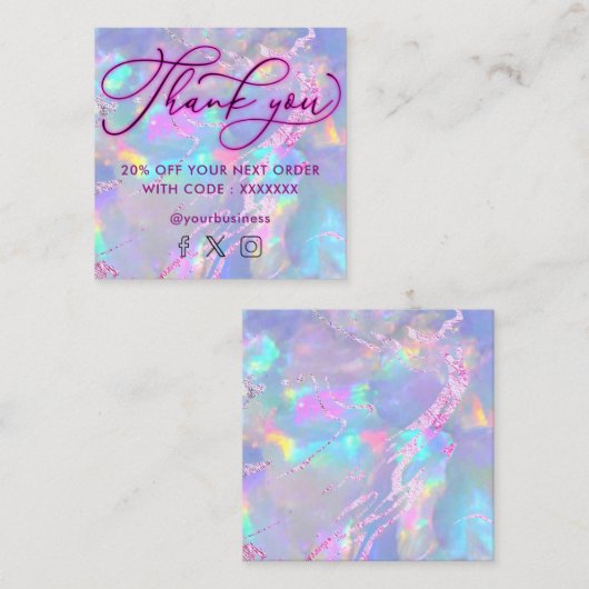 Neon dank u edelsteen opaal textuur kortingskaart vierkante visitekaartje (Voorkant / Achterkant)
