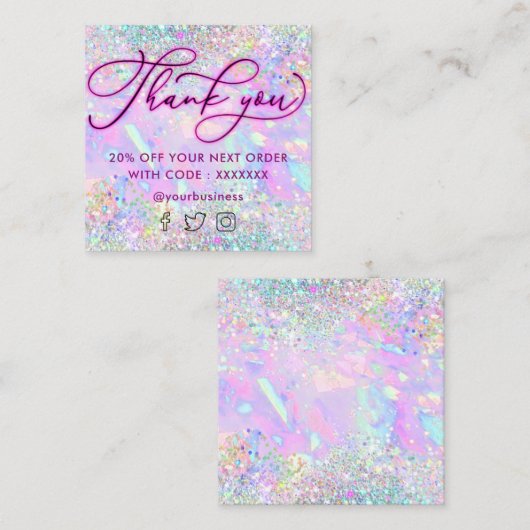 Neon Dank u glitter opaal textuur kortingskaart Vierkante Visitekaartje (Voorkant / Achterkant)