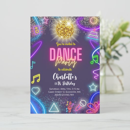 Neon dansfeest kaart (Staand voorkant)