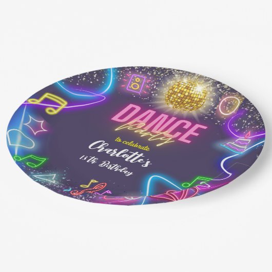 Neon dansfeest papieren bordje (Gekanteld)