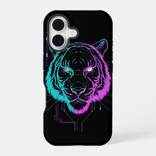Neon digital tiger art iPhone 16 hoesje (Achterkant)