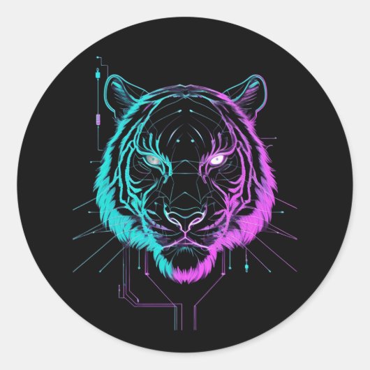 Neon digitale tijger kunst ronde sticker (Voorkant)